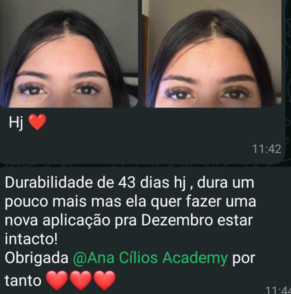 Depoimento aluna via WhatsApp sobre retenção dos cílios